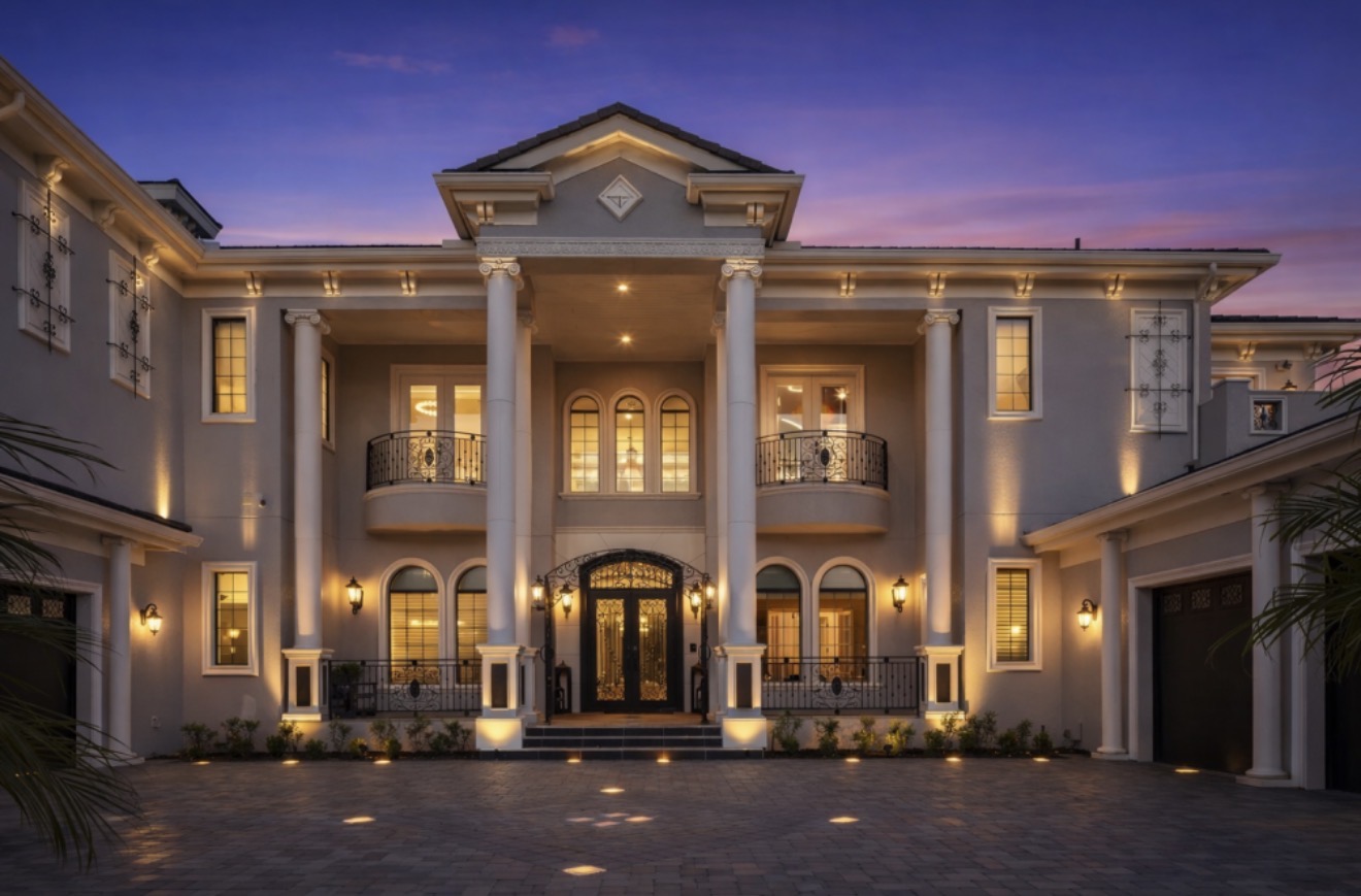 The grand exterior of the 2027 retreat villa at sunset